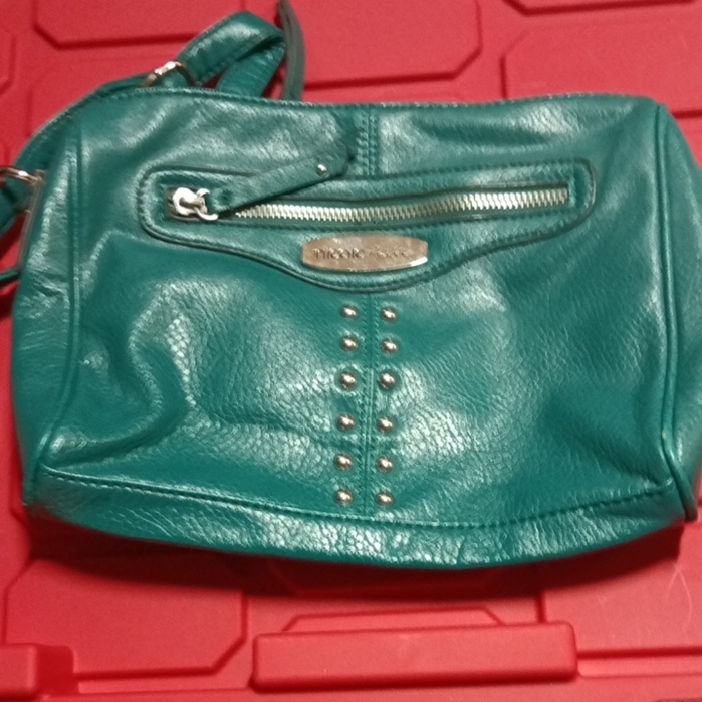 Nicole Miller Teal Leather Studded Shoulder Bag
